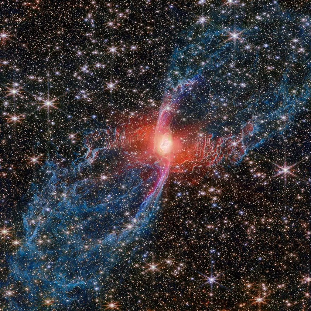 Nebulosa de la Araña Roja (NGC 6537). Fotografía de la NIRCam del Telescopio Espacial James Webb.
