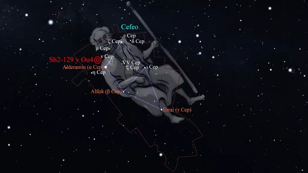 Constelación de Cefeo (Cepheus): Sh2-129, nebulosa "Murciélago Volador" y Ou4, nebulosa "Calamar Gigante".