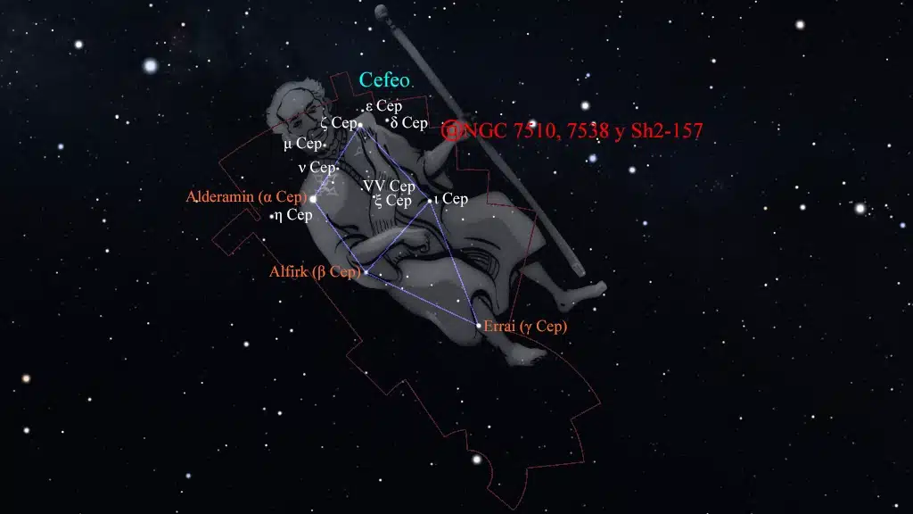 Constelación de Cefeo (Cepheus): NGC 7510, cúmulo "Punta de Flecha", Sh2-157, nebulosa "Pinza de Langosta" y NGC 7538, nebulosa "Lago del Norte" o "Cerebro".