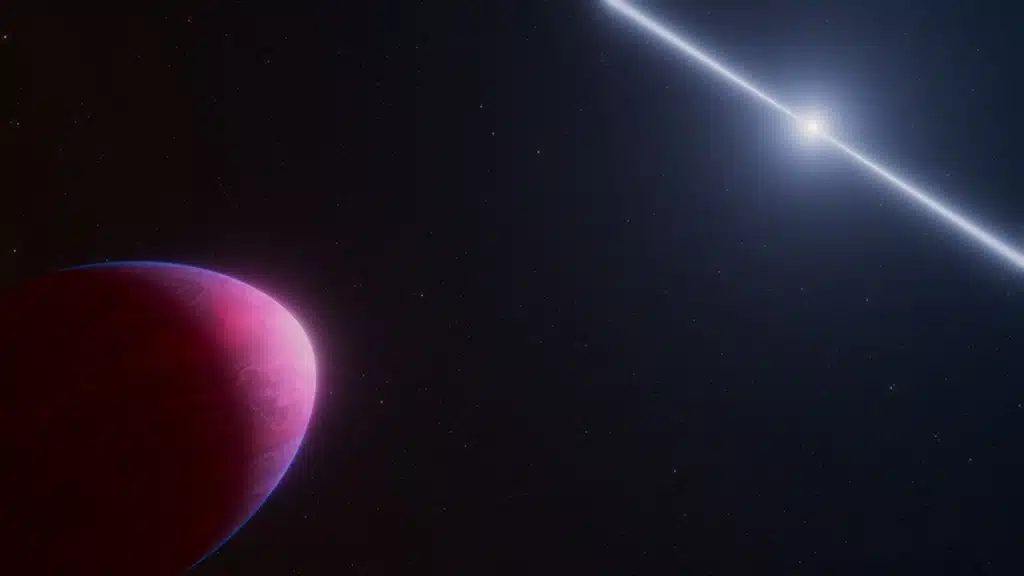 Esta ilustración muestra el exoplaneta PSR J2322-2650b (a la izquierda) mientras orbita una estrella de neutrones que gira rápidamente, llamada púlsar (a la derecha). Las fuerzas gravitatorias del púlsar, mucho más masivo, deforman este extraño exoplaneta con atmósfera de carbono hasta darle la forma de un limón.