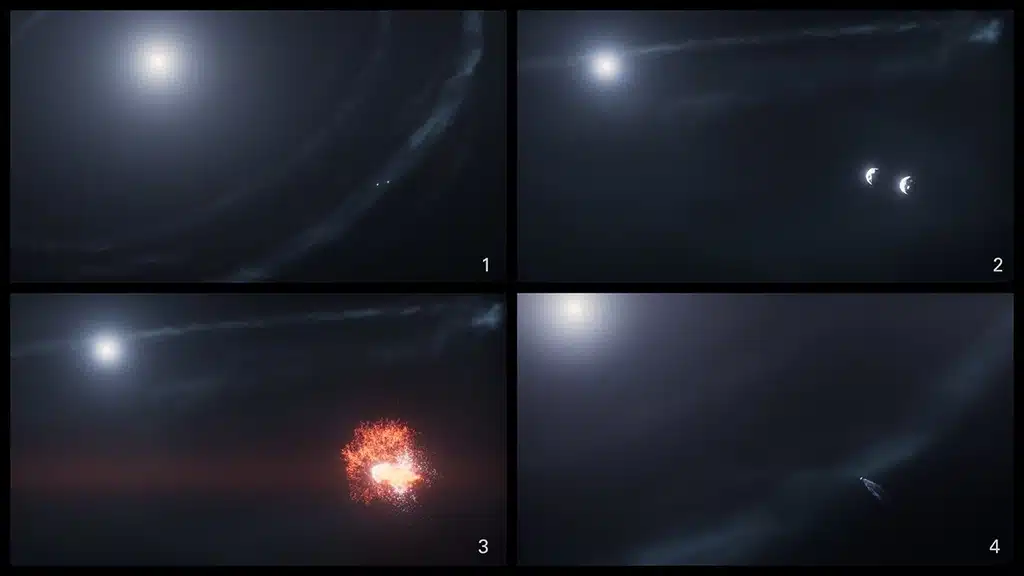 Ilustración que muestra la secuencia de acontecimientos que condujeron a la formación de la nube de polvo cs2 alrededor de la estrella Fomalhaut.
