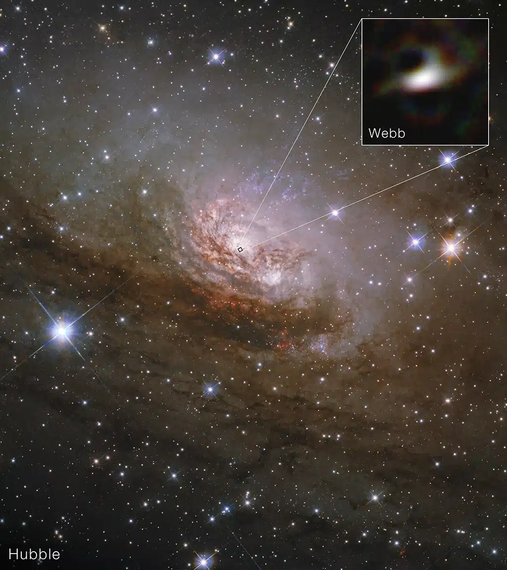 Imagen del telescopio espacial Hubble que muestra una vista completa de la galaxia Circinus. El recuadro destaca una imagen detallada del núcleo galáctico obtenida por el Webb, donde las emisiones en el infrarrojo atraviesan el polvo y revelan el material caliente que alimenta a su agujero negro supermasivo central.