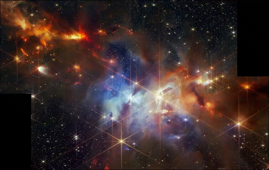 Imagen tomada por NIRCam (Cámara de Infrarrojo Cercano) del Telescopio Espacial James Webb que muestra la protoestrella en formación activa EC 53 (señalada con un círculo) en la Nebulosa de Serpens. EC 53 está rodeada por un disco protoplanetario en el que, con el tiempo, podrían formarse planetas y cometas.