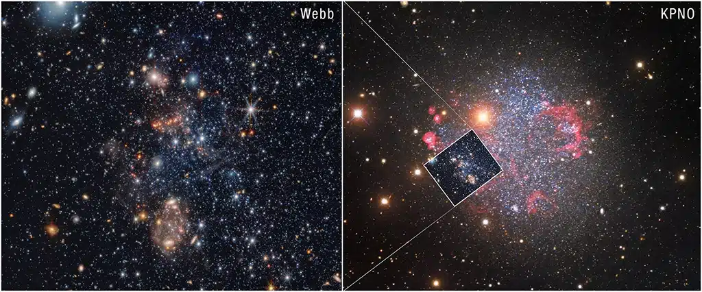 La imagen de la izquierda muestra una porción de la galaxia cercana Sextans A obtenida por el Webb. A la derecha, imagen terrestre tomada con el telescopio Nicholas U. Mayall de 4 metros en el Observatorio Nacional de Kitt Peak (KPNO). La imagen del Webb muestra la galaxia en luz infrarroja cercana y media, mientras que Kitt Peak captura luz óptica, es decir, luz visible.