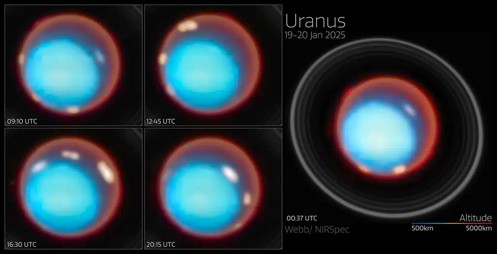 El telescopio James Webb detectó dos brillantes bandas aurorales cerca de los polos magnéticos de Urano, junto con una reducción de la emisión y de la densidad iónica en parte de la región situada entre las dos bandas. Esta es una característica probablemente vinculada a transiciones en las líneas del campo magnético.