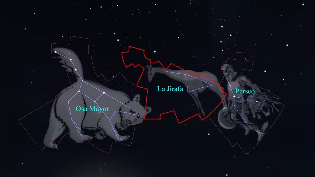 La constelación de La Jirafa (Camelopardalis) está situada entre las constelaciones de Perseo y Osa Mayor.