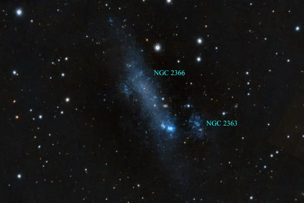 NGC 2366 y NGC 2363, galaxias. Crédito: Pan-STARRS.