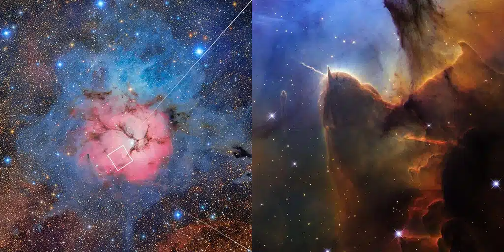 A la izquierda se muestra una imagen de la Nebulosa Trífida (Messier 20) captada por el observatorio Vera C. Rubin en Chile. Un recuadro blanco en la parte inferior izquierda de la región rosada indica el área observada por el Hubble, y la nueva imagen del Hubble se muestra a la derecha. El campo de visión de Rubin abarca aproximadamente 56 años luz, mientras que el del Hubble es de unos 4 años luz.