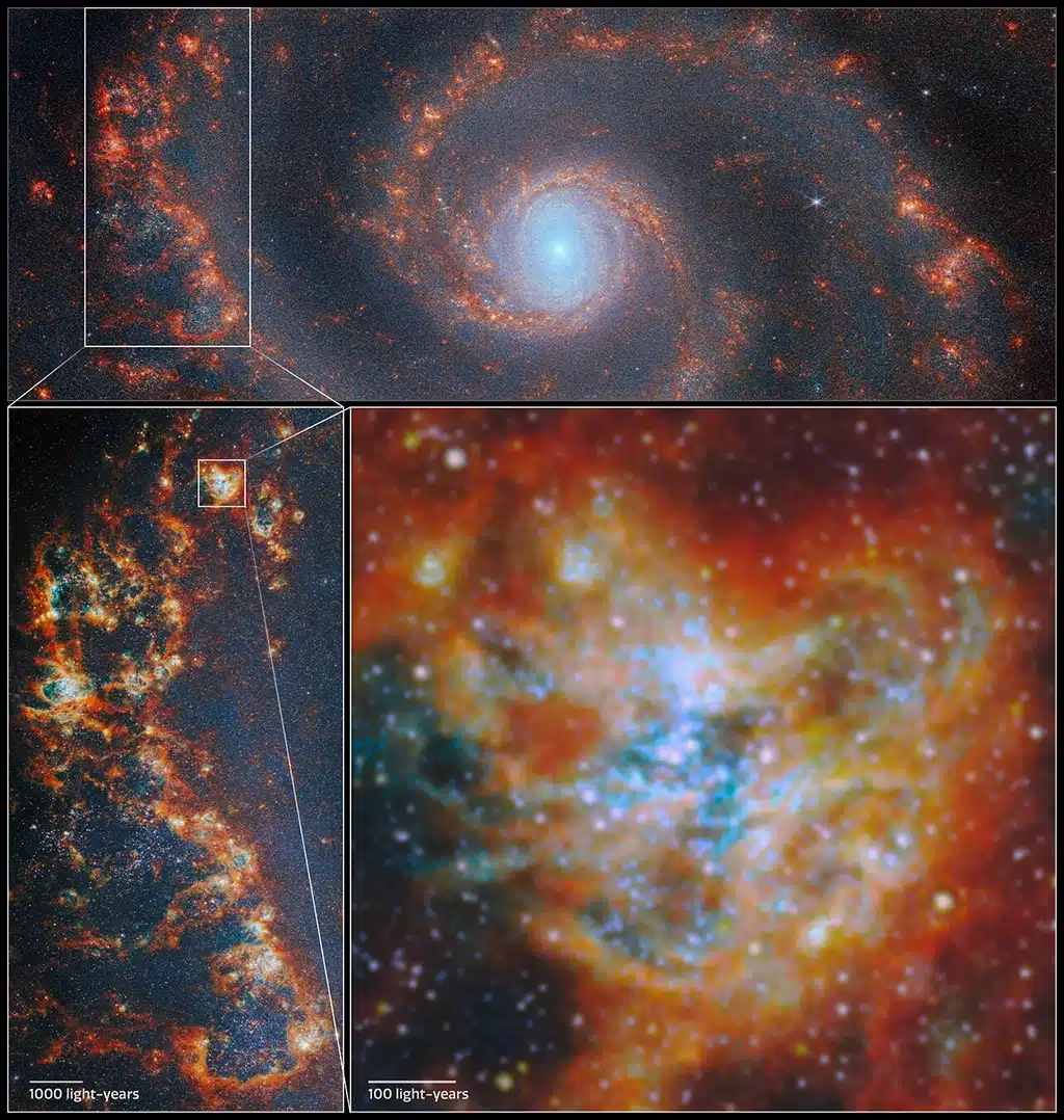 En esta imagen se muestra un complejo de formación estelar en uno de los brazos espirales de la galaxia Messier 51 (M51), que mide casi 800 años luz de diámetro. M51 se encuentra a unos 27 millones de años luz de la Tierra. La densa nube de gas donde se forman estrellas, en la que los cúmulos colapsaron para formar cada uno de los cúmulos estelares individuales, se muestra aquí en colores rojos y naranjas que representan la luz infrarroja emitida por el gas ionizado, granos de polvo y moléculas complejas como los hidrocarburos aromáticos policíclicos (PAHs). Muchos de los puntos brillantes que se observan dentro de las nubes son cúmulos estelares. Las estrellas jóvenes y masivas en su interior emiten una potente radiación sobre las nubes de gas que las rodean, creando la iluminación azul verdosa que se aprecia en la imagen.