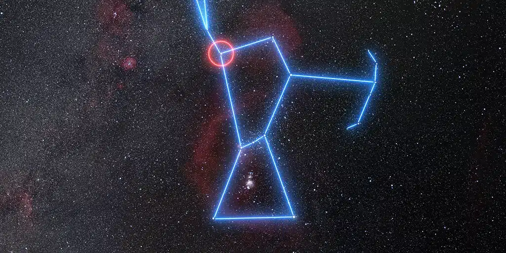 Imagen que muestra la ubicación de la supergigante roja Betelgeuse en la constelación de Orión (el Cazador). Betelgeuse puede verse con bastante facilidad sin necesidad de telescopio, ya que conforma el hombro derecho de Orión.