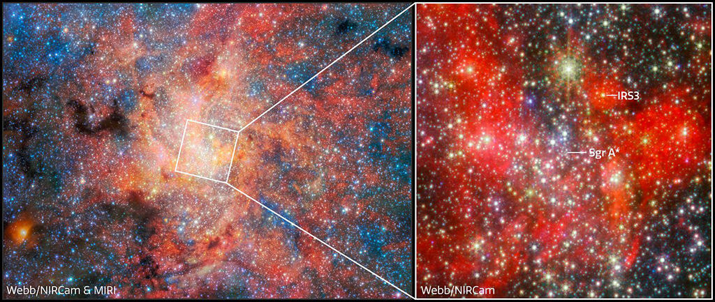 Ubicación de la estrella altamente evolucionada IRS 3, situada a tan solo 0,55 años luz de Sagittarius A*, el agujero negro supermasivo central de la Vía Láctea.