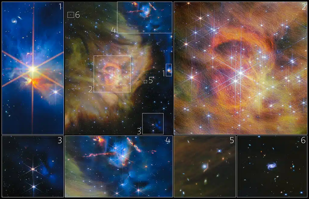 Este collage reúne una selección de recortes de la extensa región de formación estelar IC 348. Cada uno de estos seis paneles muestra características de interés visibles en todo el campo de observación.1)Estrella inmersa en una nebulosa, 2)Cúmulo estelar central, 3)Estrellas y flujos de salida tenues, 4)Objetos Herbig-Haro, 5)Lente gravitacional, 6)Galaxias espirales.